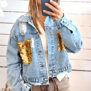 LA DORADA Gold Sequin Embellished Denim Jacket